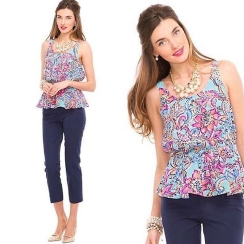 EUC Lilly Pulitzer Silk Peplum Silk Dune Top - Aqua Bait Switch